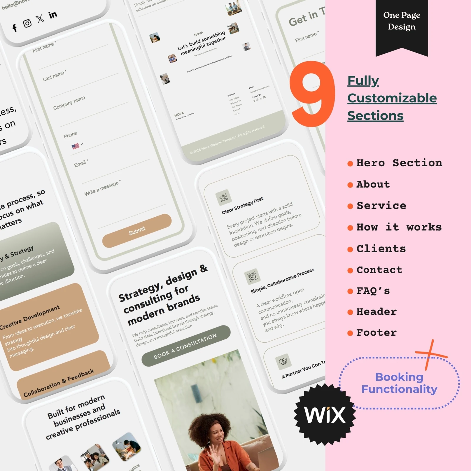 Included one-page website sections